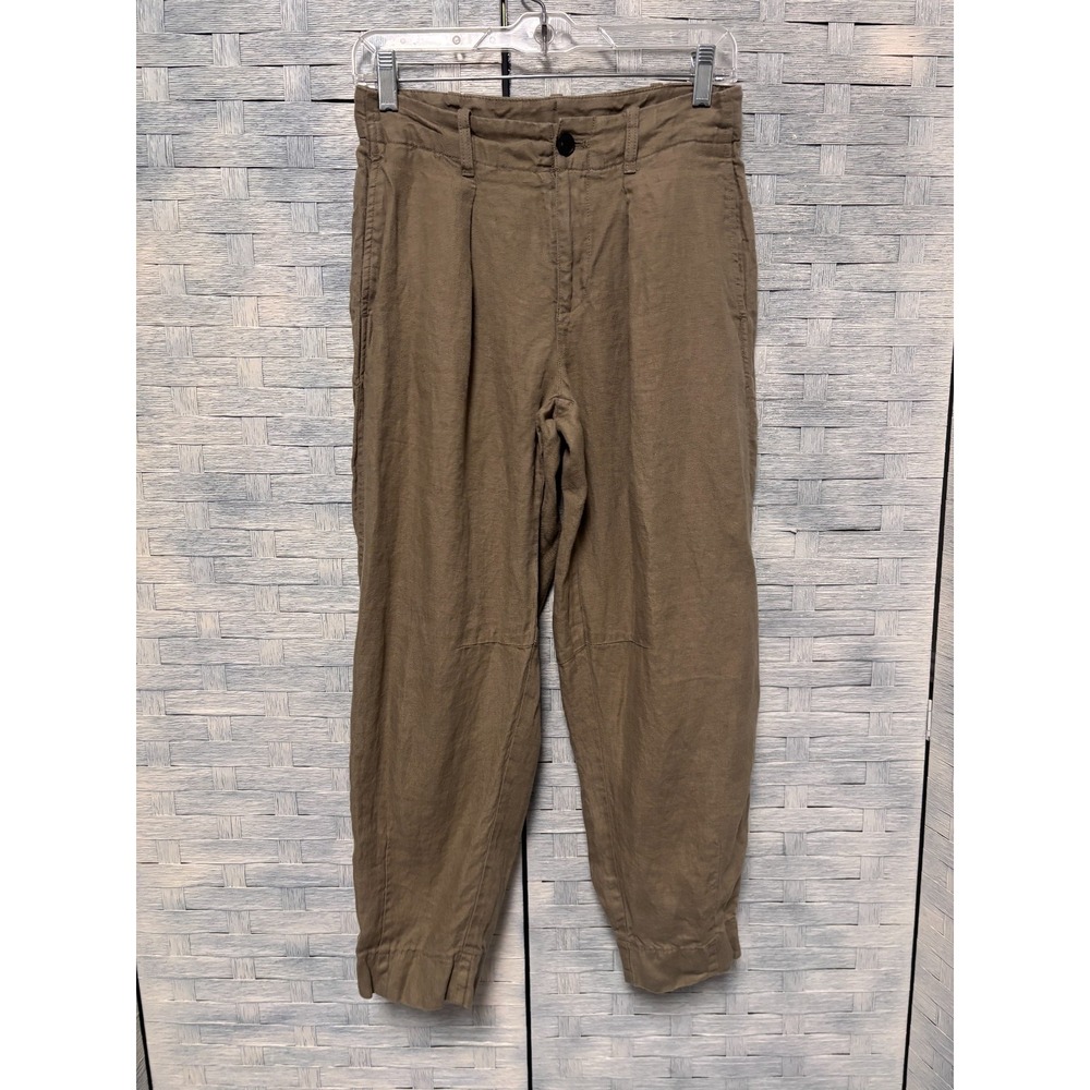 AYR Womens 0 Linen Tapered Pants Brown Pleated High Rise Cropped Minimalist Chic